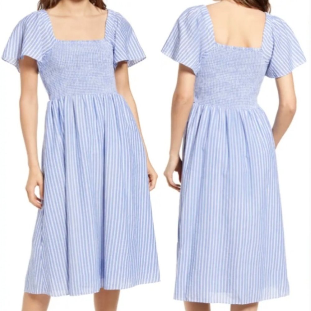 Madewell lucie smocked midi dress blue stripe